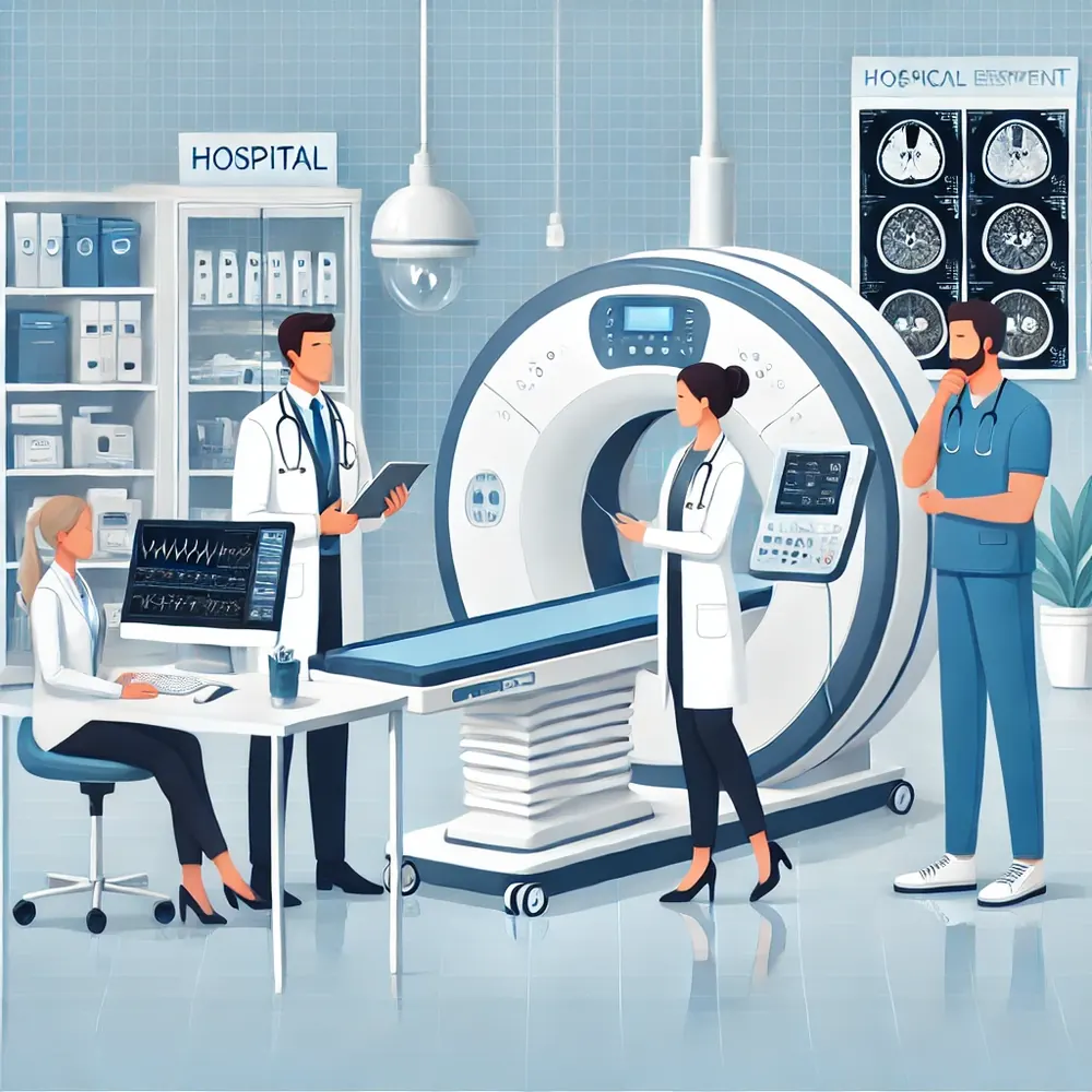 Ilustración de profesionales en un hospital